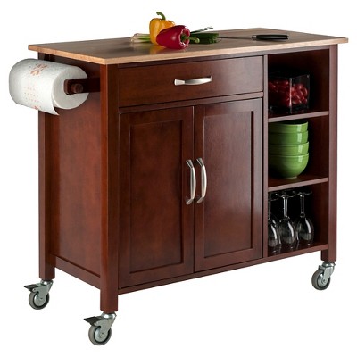 Mabel Walnut and Natural Wood Kitchen Cart with Storage