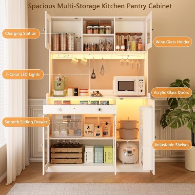 Qwatto 71" Kitchen Pantry Cabinet with Charging Station and LED Lights Tall Freestanding Kitchen Hutch with storage Rack Microwave Stand White Cabinet — фото 7