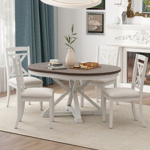 Merax 5-Piece Retro Dining Set with Extendable Round Table, 12-Inch Leaf, and Upholstered Chairs - 1 of 4