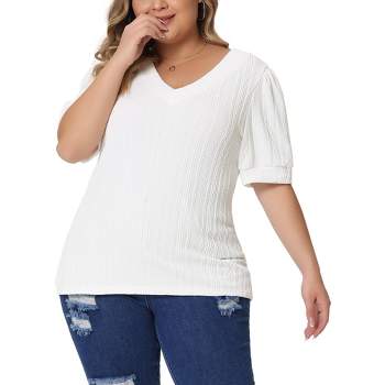 Agnes Orinda Women's Plus Size Figure Knitted V Back Pullover Elegant T-shirts
