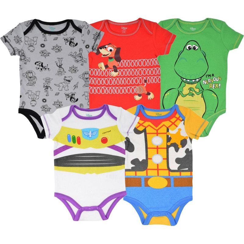 Disney Pixar Toy Story Rex Slinky Dog Buzz Lightyear Baby 5 Pack Bodysuits Newborn to Infant, 1 of 8