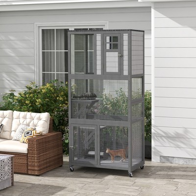 Light Gray Wooden Freestanding Outdoor Cat House with Wheels