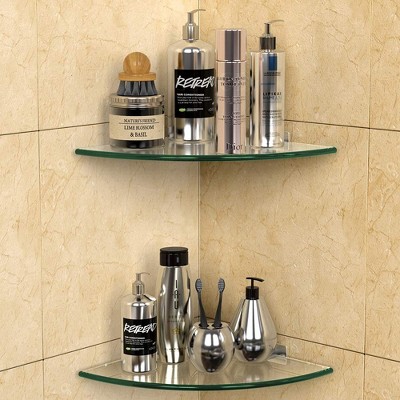 Clear Tempered Glass Corner Shower Shelves with Aluminum Brackets