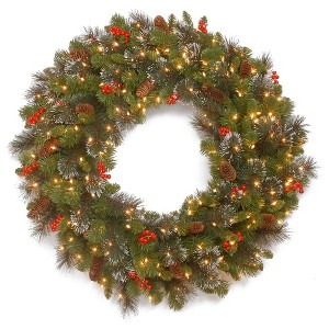 National Tree Company Crestwood Spruce 30 Inch Pre Lit Hanging Christmas Wreath with 200 Branch Tips, 50 White Lights, Pinecones, and Red Berries - 1 of 4