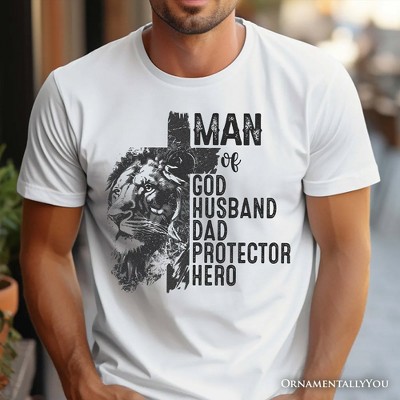 Man of God Lion Cross T-Shirt, White Tee for Faithful and Christian Fathers| OrnamentallyYou