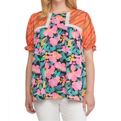 Women's Mixed Print & Lace Blouse - Plus - entro
