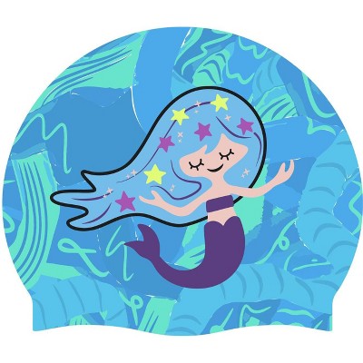 Condition photo showing New/Like New for speedo kids' printed character silicone swim cap - blue cosmic mermaid