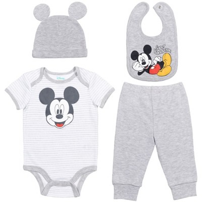 Disney Mickey Mouse Baby Bodysuit Pants Bib and Hat 4 Piece Outfit Set Newborn to Infant