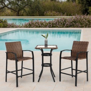 Modern Outdoor Dining Set, 3 Pcs Bar Stools Set, Rattan Bar Chairs and Glass Table Top, Wicker Bar Stools for Backyard-Coolbibila - 1 of 4
