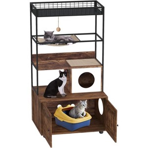 Large Hidden Litter Box Furniture with Shelves Dog Proof Litter Box Wood Cat Tower with Litter Box Enclosure Cat Litter Cabinet with Hammock - 1 of 4