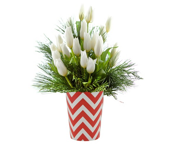 KaBloom Winter White Tulips Fresh Flower Arrangement - with Red Chevron Vase