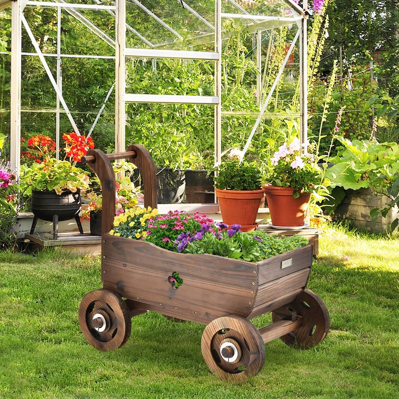 Decorative Wagon Cart Plant Flower Pot Stand Wooden Raised Garden Planter Box, 2 of 11