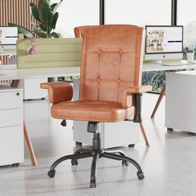 VECELO Ergonomic Leather Office Chair, Adjustable Swivel Desk Chair with Armrests & Lumbar Support, Black/Brown