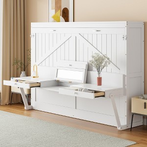 Queen Size Murphy Bed Foldable Bed Space-saving Wall Bed with Vanity Desk, Center Mirror & 2 Side Drawers - ModernLuxe - 1 of 4