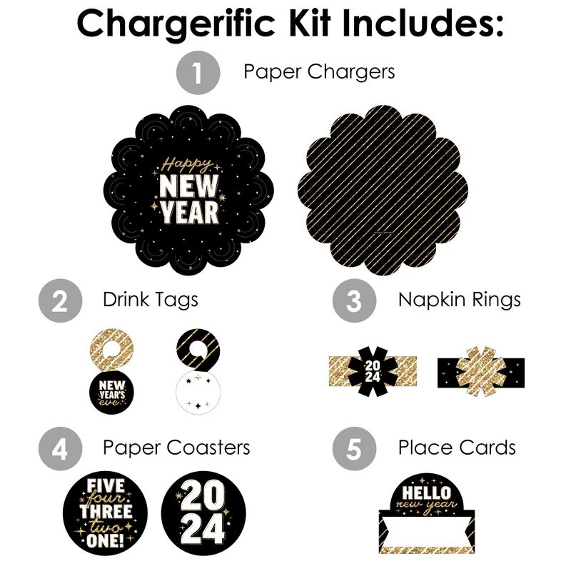 Big Dot of Happiness Hello New Year - 2024 NYE Party Paper Charger and Table Decorations - Chargerific Kit - Place Setting for 8, 3 of 9