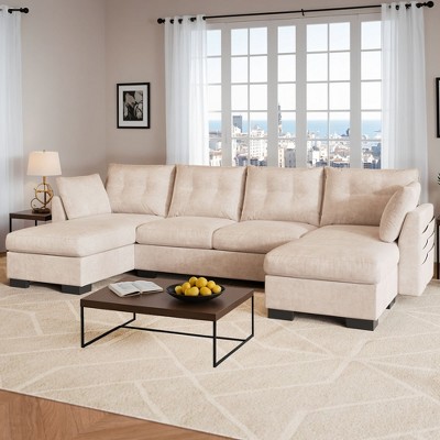XIZZI 4-Piece Chenille Sofa Set with Large Chaise & Ottoman - Modern Sectional Sofa in White/Beige/Gray/Black, with Round/Square/Sloped Armrest