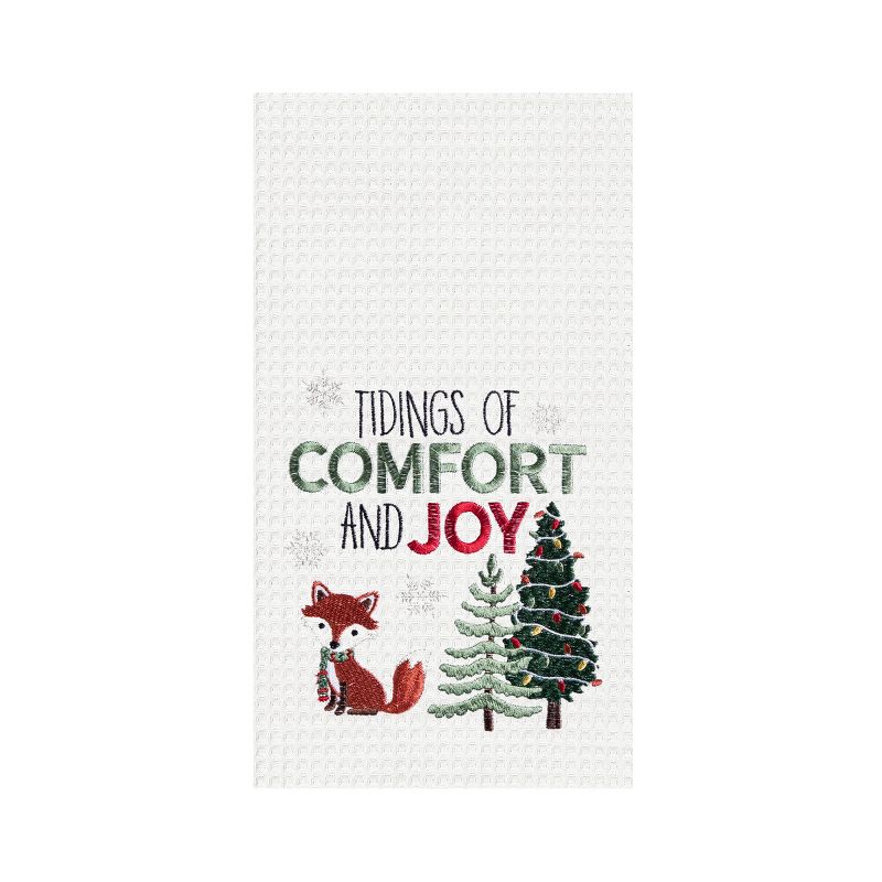 C&F Home 27" x 18" Christmas Holuiday "Tidings of Comfort & Joy" Sentiment with Fox Embroidered Waffle Weave Cotton Kitchen Dish Towel, 1 of 5