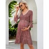 Maternity Women 3/4 Sleeve Smocked V Neck Dress Fall Casual Boho Flowy Ruffle Midi Dress for Baby Shower Photoshoot - 3 of 4