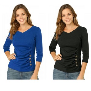 INSPIRE CHIC Women's V Neck 3/4 Sleeves Solid Knitted Buttons Decor Ruched Blouse 2 Packs - 1 of 4