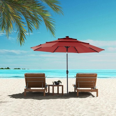 Okak 3-Tier Beach Umbrella with Push Button Tilt and Crank, Sun Umbrella with 32 Solar LED, Big Umbrella for Backyard, Garden