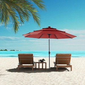 Okak 3-Tier Beach Umbrella with Push Button Tilt and Crank, Sun Umbrella with 32 Solar LED, Big Umbrella for Backyard, Garden - 1 of 4