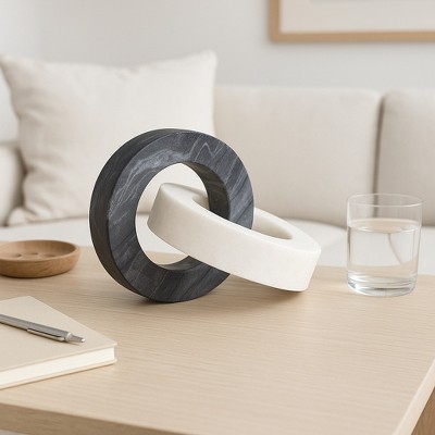 Modern 8" White & Black Stone Marble Interlocking Ring Decorative Object - Accent Sculpture for Home, Office, Bedroom, or Living Room