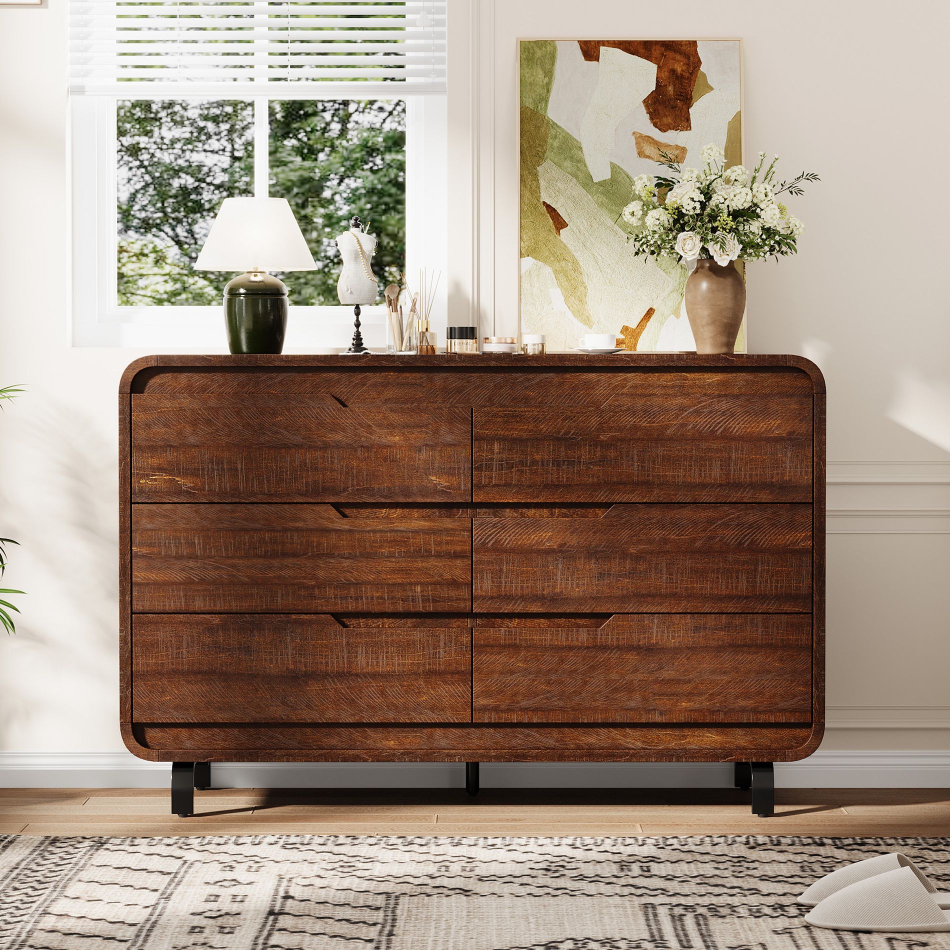 6 Drawer Dresser, Wooden Chest of Drawers with Anti-Tip Kit, Rounded Corners & Metal Legs for Living Room, Bedroom, Brown