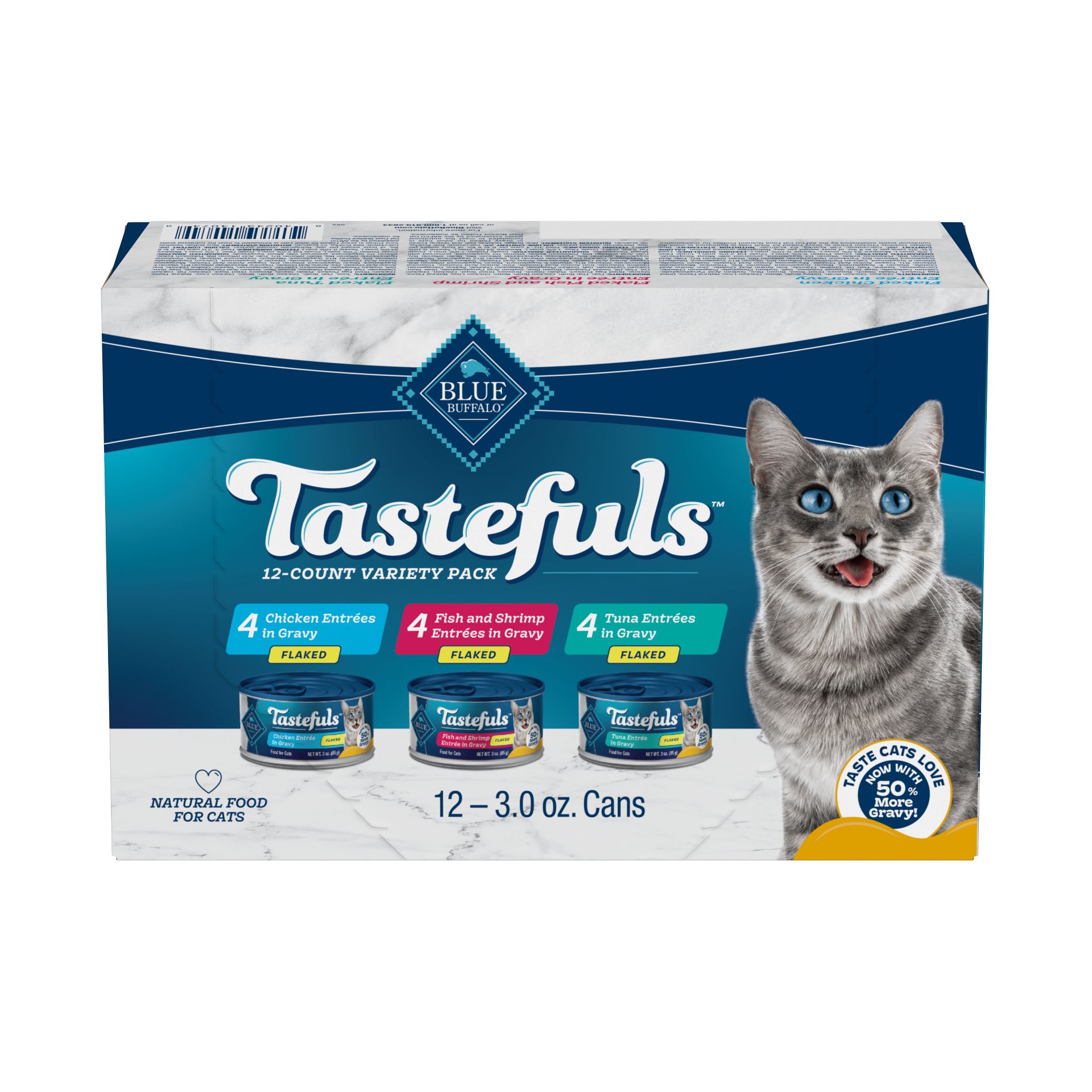 Blue Buffalo Tastefuls Natural Flaked Wet Cat Food Variety Pack, Tuna, Chicken, Fish & Shrimp Entrées in Gravy - 3oz/12ct