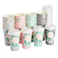 Blue Panda 48 Pack Disposable Paper Coffee Cups with Lids, Vintage Floral Design, 16 oz, 4 Designs