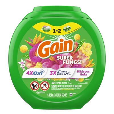 Gain Super Sized Flings Laundry Detergent Pacs, Happy, 3-in-1 Detergent Pacs with Febreze and Oxi, 32 Count
