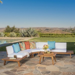 Hillcrest 4pc Acacia V-Shaped Outdoor Patio Sectional Sofa Set - Natural/White - Christopher Knight Home - 1 of 4
