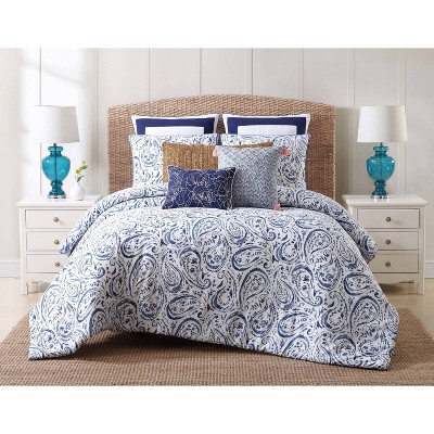 3pc King Indienne Paisley Duvet Cover Set White/Navy Blue - Oceanfront Resort