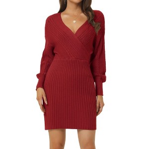 Seta T Women's Wrap Deep V Neck Lantern Sleeve Fall Winter Mini Sweater Dress - 1 of 4