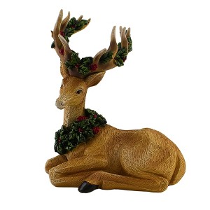 Roman 10.5 Inch Deer With Holly Garland Antlers Berries Animal Figurines - 1 of 3