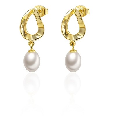 Molenia Pearl Earrings for Women, 14K Gold Plated 925 Sterling Silver Freshwater Pearl Dangle Drop Earrings Studs Jewelry