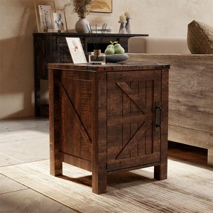 OKD Nightstand with Charging Station, Farmhouse End Table w/Barn Door - 1 of 4
