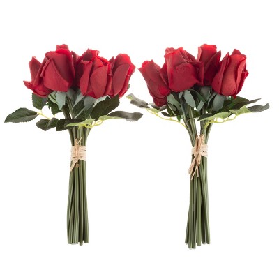 Nature Spring Red Artificial Rose Bud Bundle, 11.5-Inch Latex Flowers