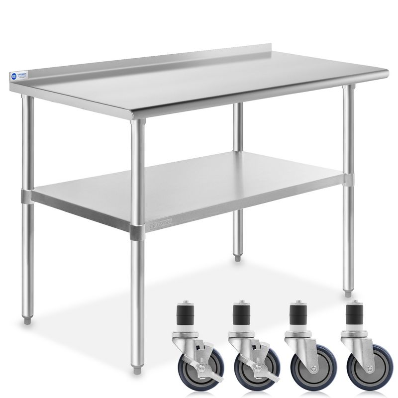 GRIDMANN Stainless Steel Table with Backsplash & 4 Casters (Wheels), NSF Commercial Kitchen Work & Prep Table, 1 of 8