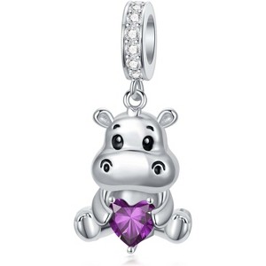 Sterling Silver Hippo Charm with 12 Birthstones - Animal Bead for Bracelets, Gift for Hippo Lovers - 1 of 4