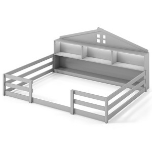 Costway Twin/Full Size Montessori Floor Bed with LED Lights Safety Guardrails Compartments Shelf White/Gray - 1 of 1