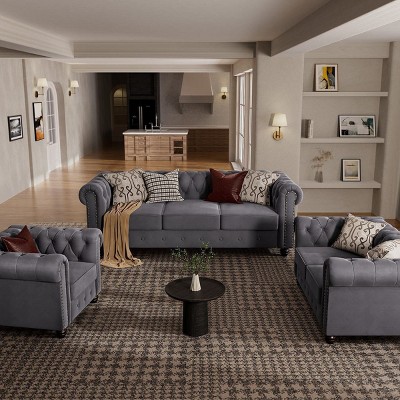 6 Seater Velvet Couches for Living Room Sets, Chesterfield Sofa Loveseat and Armchair 3 Pieces -Morden Fort