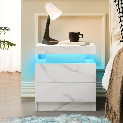 QingMoon Modern End Side with 2 Drawers, with LED Night Stand, Wood Drawers, for Bedroom