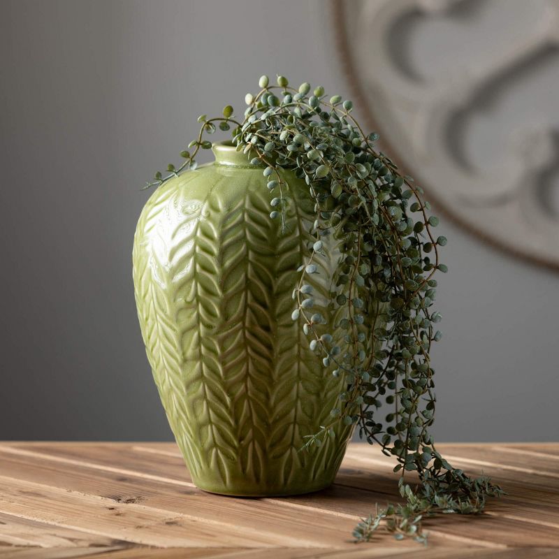 Sullivans 11" Embossed Leaf Green Vase, Ceramic, 3 of 4