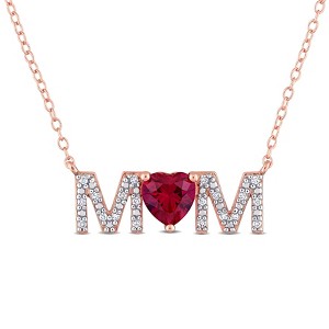 EVERLY JEWELRY | Rose Plated Sterling Silver 1ct TGW Created Ruby and 1/10ct TDW Diamond "MOM" Pendant with Chain, 17 inc - 1 of 4