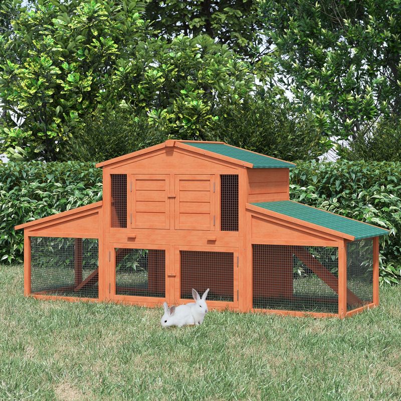PawHut 88.5" Wooden Rabbit Hutch Bunny Hutch Guinea Pig House with Removable Tray, Double Ramp and Weatherproof Asphalt Roof for Outdoor, 3 of 9
