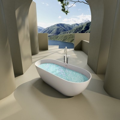 Freestanding Bathtub, Polyresin Soaking Bathtub, Minimalist Design Overflow Soaking Bathtub, Oval Shape Alone Stand Bathtub