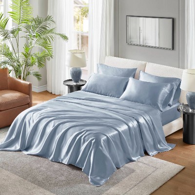 Lyngins Satin Luxury Bed Sheets Set, Wrinkle-Free Split King Bedding Set, 1 Flat Sheet, 2 Fitted Sheets (Fits 16" Mattresses), 4 Pillowcases