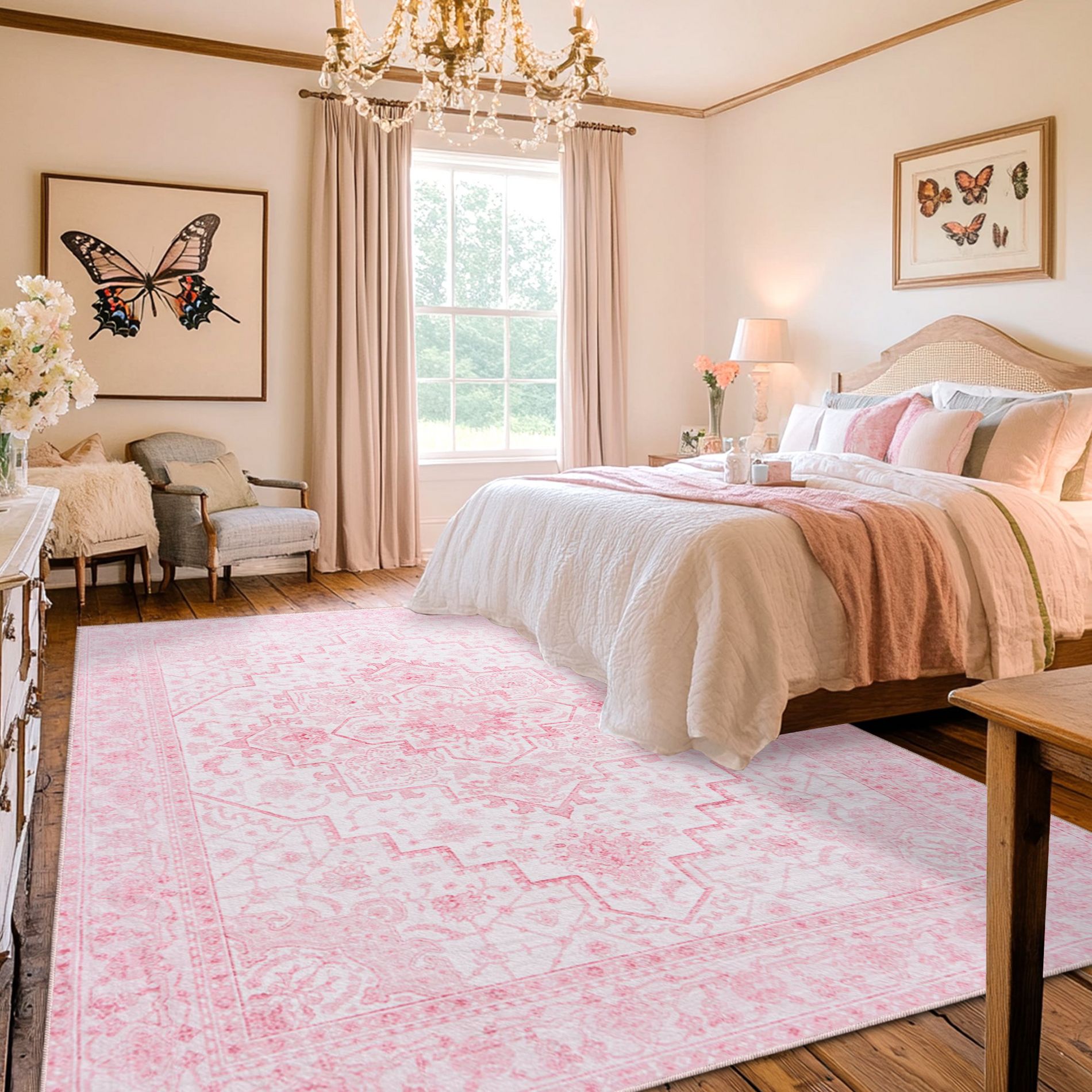 LOVEVOOK Vintage Floral Area Rugs for Living Room Bedroom, Soft Washable Pink Boho Rug for Indoor Non Slip Carpet for Dining Room Home Decor 6x9 Feet