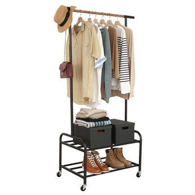 Metal Rolling Clothing Garment Rack on Wheels with 2-Tier Storage Shelves,  Freestanding Closet in Black