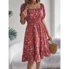 Women's Summer Floral Dresses Ruffle Puff Short Sleeve Square Neck Flowy A Line Midi Dress - 3 of 4